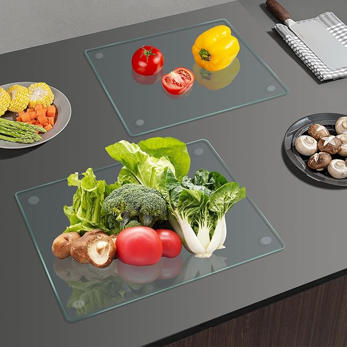 Mymonfif Tempered Glass Cutting Board for Kitchen, Clear Glass Board for Countertop, with Non-Slip Feet, Heat Resistant, Large Size 12x16" 2Pcs, Small Size 12x8" 2Pcs - Image 7