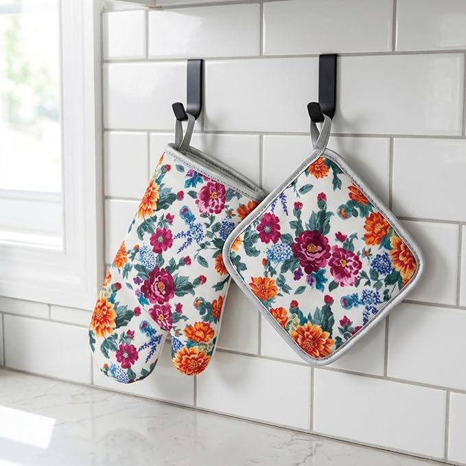 Floral Oven Mitts and Pot Holders Sets 2 Pcs, Canvas Heat Resistant Kitchen Mittens with Hot Pads, Vintage Farmhouse Country Decor, Non-Slip Cooking Baking Grilling Gifts for Women Mom (Flower4)