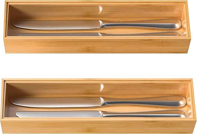 VeyFey Silverware Tray for Drawer, Stackable Kitchen Bamboo Drawer Organizer 12" x 3" x 2" Set of 2 - Image 7