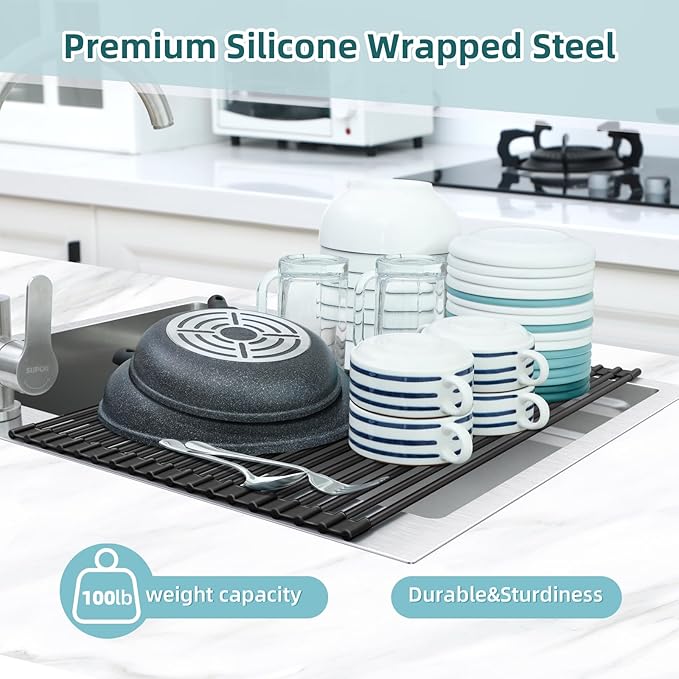 Ohuhu Over The Sink Dish Drying Rack, 20.5" W x 13.1" L Rolling Dish Drainer Foldable Sink Accessories Heat-Resistant Mat Anti-Slip Silicone Coated Dish Racks for Kitchen Counter - Image 9