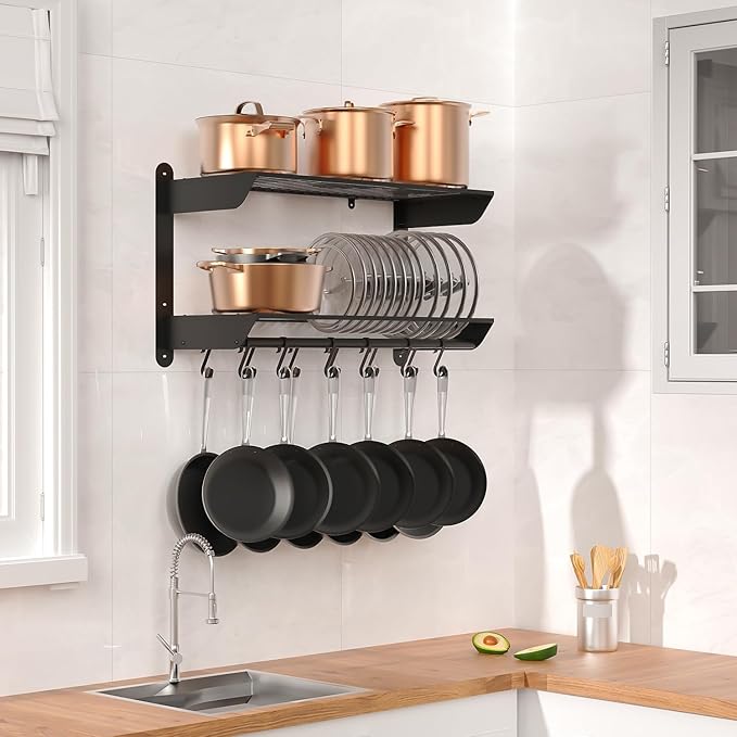 Taozun Pot Rack Wall Mounted 30 Inch, 2-Tier Heavy Duty Pot and Pan Hanging with 12 Hooks, Kitchen Cookware & Utensils Storage Hanger