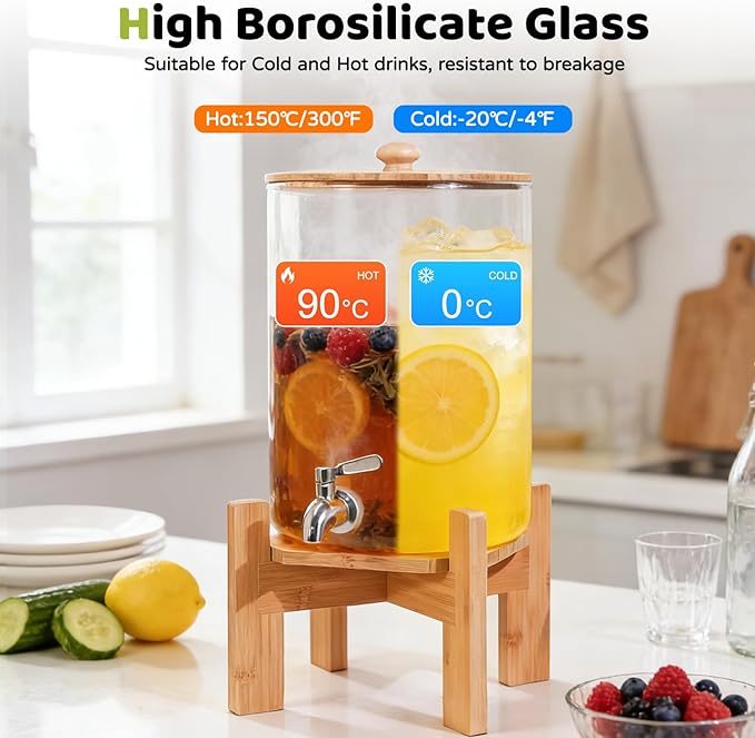 MOBYKE 2.2 Gallon Drink dispenser, Large Water Glass Beverage Dispenser With Wood Stand for Parties With Stainless Steel Spigot, Ideal for Lemonade,Juice, Tea, and Party Drinks