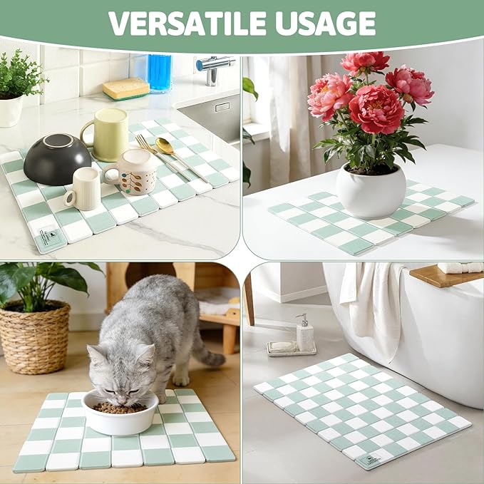 Yamaziot Large Stone Drying Mat for Kitchen Counter, 15.3"x24" Foldable Ultra Absorbent Stone Drying Mat, Quick-Dry Diatomaceous Earth Mat, Non-Slip Heat Resistant Mat for Dishes, Cups, Bottles, Green