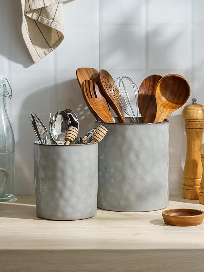 famiware Ocean Utensil Holder, 7.2"+5.8" Ceramic Kitchen Utensil Holder for Countertop, 2 Pieces Cooking Utensil Crocks, Utensil Organizer for Spatula & Spoon, Kitchen Decor, Set of 2, Gray - Image 8
