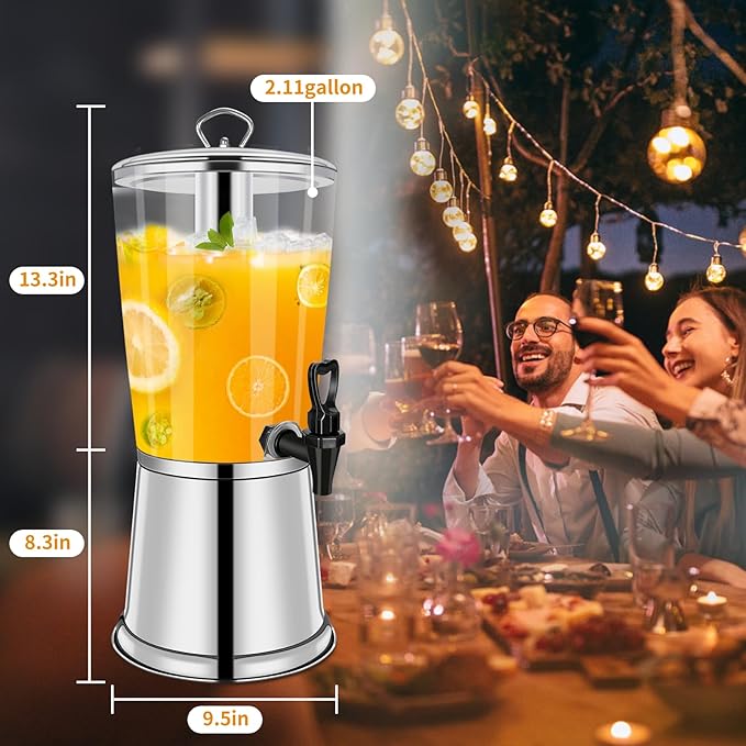 FULIYE Beverage Dispenser with Stand, Drink Dispensers for Parties, Beverage Dispenser with Ice Container, 2.2 Gallon/8L, Clear Acrylic Stainless Steel Lemonade Dispenser for Buffet, Café, Bar