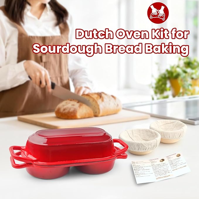 YONILL Mini Double Dutch Oven for Sourdough Bread Baking - Enameled Cast Iron Dutch Oven Pot with Lid and 5" Banneton Bread Proofing Basket Kit, Dual Round Bread Loaf Pan for Homemade Baking (Red) - Image 7
