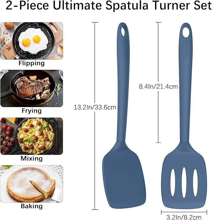 Coukre 2 Pack Silicone Spatula Set, High Heat Resistant, BPA Free Kitchen Spatula, Solid & Slotted Turner for Non-Stick Pans, Sautéing, and Flipping (2, PureDarkBlue) - Image 6