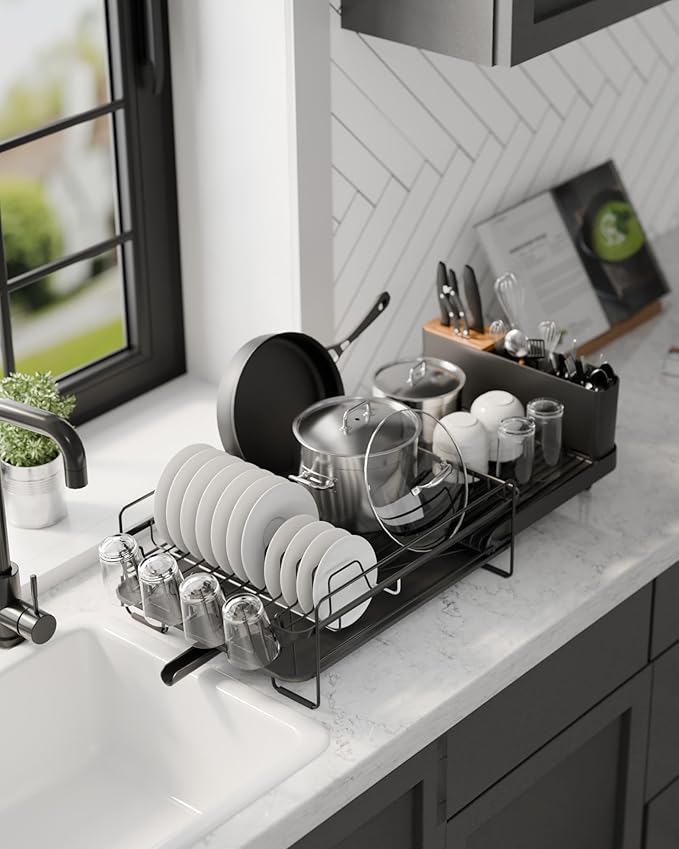 Kitsure Large Dish Drying Rack - Extendable Dish Rack, Multifunctional Dish Rack for Kitchen Counter, Anti-Rust Dish Drainers with Cutlery & Cup Holders 19.2"-26.7" L x 12.9" W, Black - Image 9