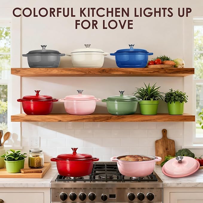 Enameled Cast Iron Dutch Oven Pot With Lid - AIVIKI 5QT Dutch Oven for Bread Baking With Cotton Potholders - Heavy-Duty Cookware for Braising, Stew, Roasting, Oven Safe up to 500°F, Red - Image 7
