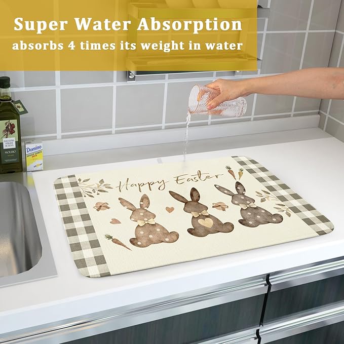Giwawa Happy Easter Dish Drying Mat for Countertop, 18"x24" Cute Bunny Rabbits Eggs Carrot Dish Drainer Mats, Bufflao Plaids Fast Dry Microfiber Large Dish Drying Pad Kitchen Accessories Decor