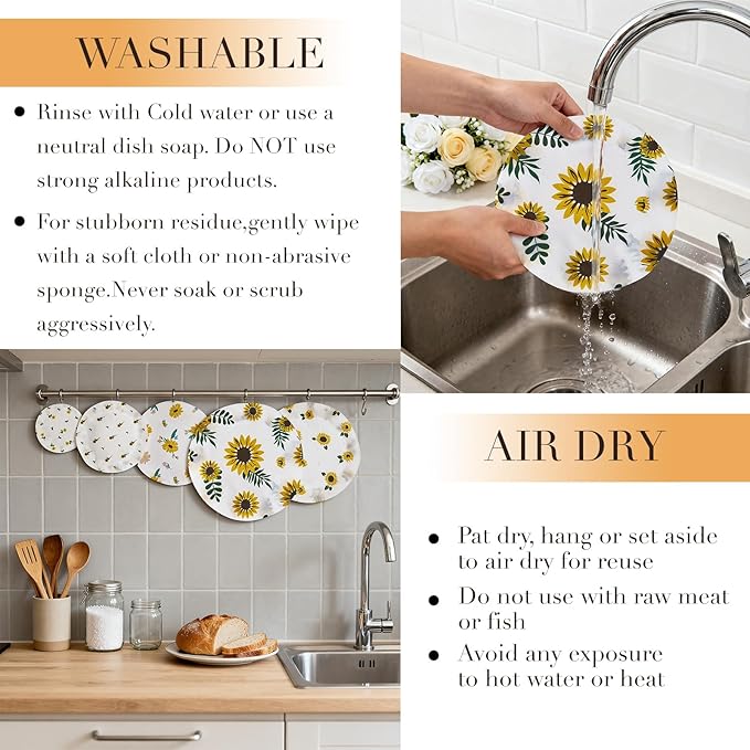 Tirphy 5-Size Reusable Bowl Covers for Bread Proofing - Beeswax Bowl Covers Reusable 4/6/8/10/12 Inch - Elastic Cotton Cloth Sourdough Cover - Shower Caps for Sourdough Bread (Flower style)