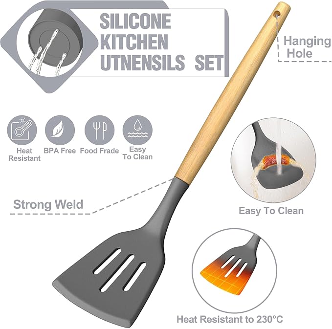 Umite Chef Silicone Kitchen Utensil Set, 34PCS Heat Resistant Kitchen Gadgets and Tools With Grater, Wood Handles for Nonstick Cookware (Dark Gray) - Image 7
