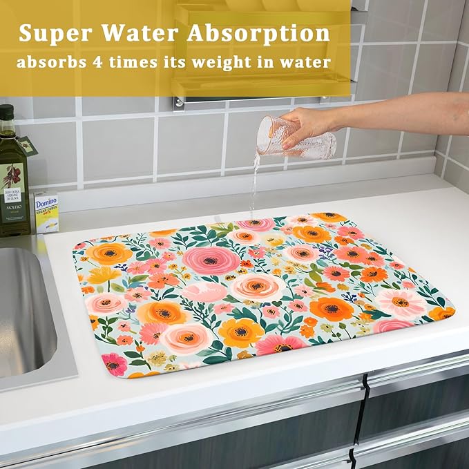 Watercolor Flower Dish Drying Mat - Pink Floral Drying Mat for Kitchen Counter 18 X 24 In - Image 7
