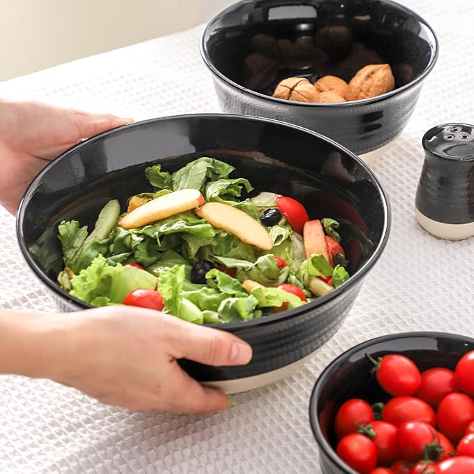 HASENSE Ceramic Mixing Bowls Set of 3, 84/40/20 Oz Black & Beige Stoneware Bowls, Farmhouse Bowls for Salad, Soup, Cooking Baking Serving Food, Nesting BowlsDishwasher & Microwave Safe - Image 7
