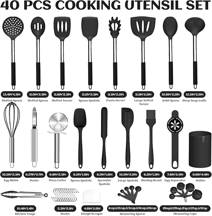 40 Pcs Kitchen Utensils Set Silicone Cooking, 446℉ Heat Resistance Stainless Steel Metal, Spaghetti Spoon Cookware Utensils, Rubber Tools Nonstick Kitchenware Can Dishwasher Safe - Image 7