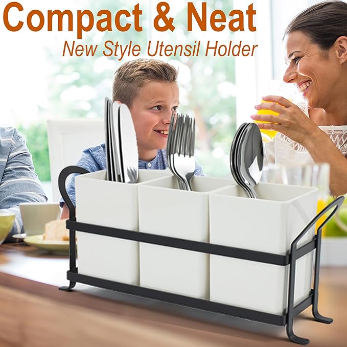 Czlizdyt Cutlery Holder with Drain Holes, Silverware Caddy for Party Countertop, 3pcs Bins Set Utensil Holders for Spoon and Fork, White - Image 8