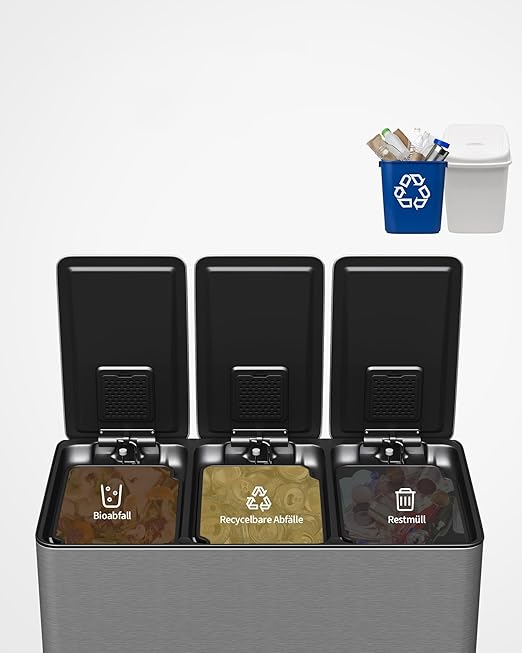 Garvee Triple Kitchen Trash Can, 3 x 4 Gal Stainless Steel Recycling Bin Combo, 3 Compartment Garbage Can with Soft-Close Step Lid, 15L Bins, Silver - Image 6