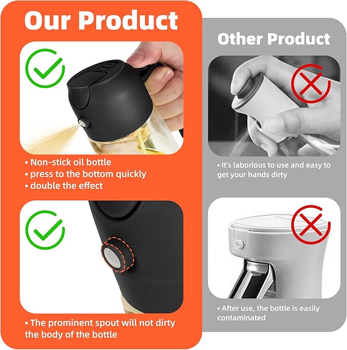 TrendPlain 16oz/470ml Glass Olive Oil Sprayer for Cooking – 2 in 1 Olive Oil Dispenser Bottle for Kitchen Gadgets and Air Fryer Accessories, Salad, BBQ - Black & Ash - Image 7