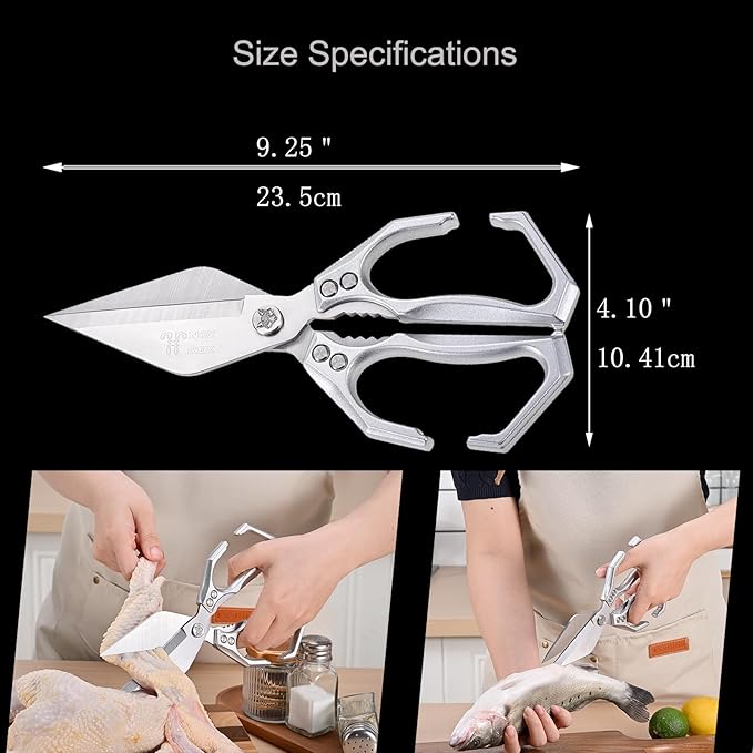 Kitchen Shears,Poultry Scissors,Stainless Steel Heavy Duty Scissors,Universal Metal Handles for Both Left and Right Hands,Dishwasher Safe Shears Sharp for Meat/Food/Home/Courtyards(Silver)