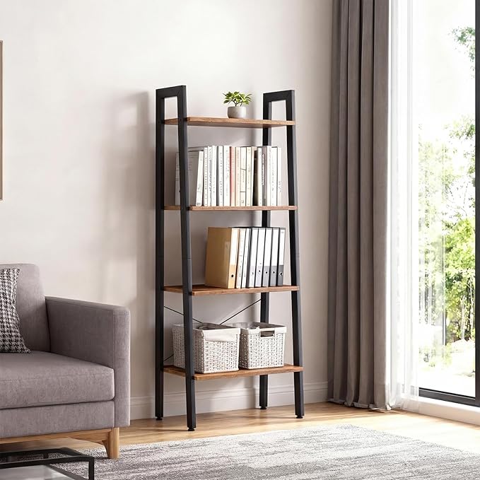 DUMOS Ladder Shelf, 4-Tier Display Bookshelf, Industrial Style Storage Standing Shelf, Decorative Shelves with Stable Frame for Living Room, Bedroom, Office, Kitchen, Bathroom, Brown - Image 7