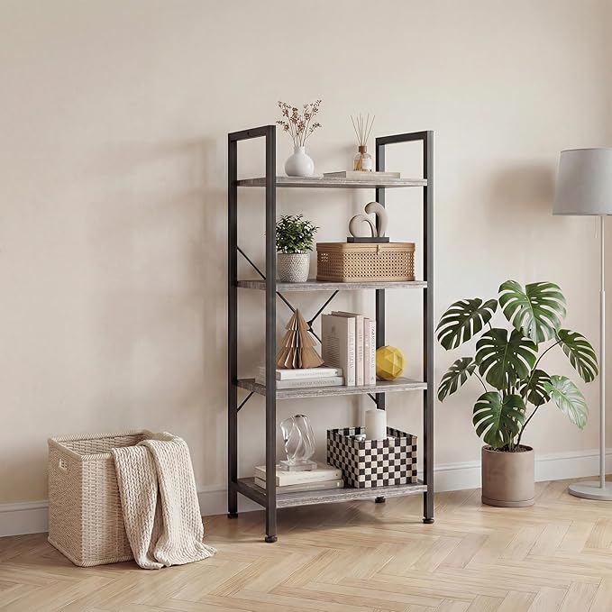 DUMOS 4 Tiers Bookshelf, Classical Book Shelf, Tall Display Shelves in Living Room/Home/Office, Storage Organizer for CDs/Books/Movies, Wood Grey - Image 7