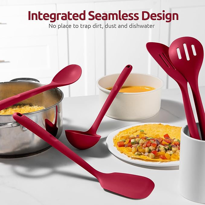 Silicone Kitchen Cooking Utensil Set: U-Taste High Heat Resistant 13.6in Long Kitchen Gadgets, BPA Free Non Stick Rubber Cook Accessories For Stir Frying, Serving, Basting, Mixing (5 Pieces, Red) - Image 8
