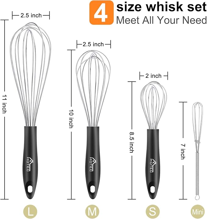 HOTEC 4 Pieces Stainless Steel Whisks Set, Wire Balloon Whisks Egg Beater, Thicken Wire &Non-slip Handle Whisk Perfect for Cooking, Stirring, Beating and Blending (Silver) - Image 8