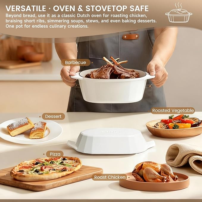 Enameled Cast Iron Sourdough Bread Oven – Dutch Oven for Sourdough, Oval Cast Iron Bread Pan with Lid,Loaf Cast Iron Dutch Oven for Baking (3.3QT-White)