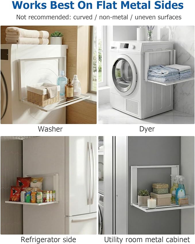 Magnetic Laundry Shelf for Washing Machine, Organize Laundry Essentials with Ease, Easy Install, Durable, 24-inch Adjustable Magnetic Storage Rack, White