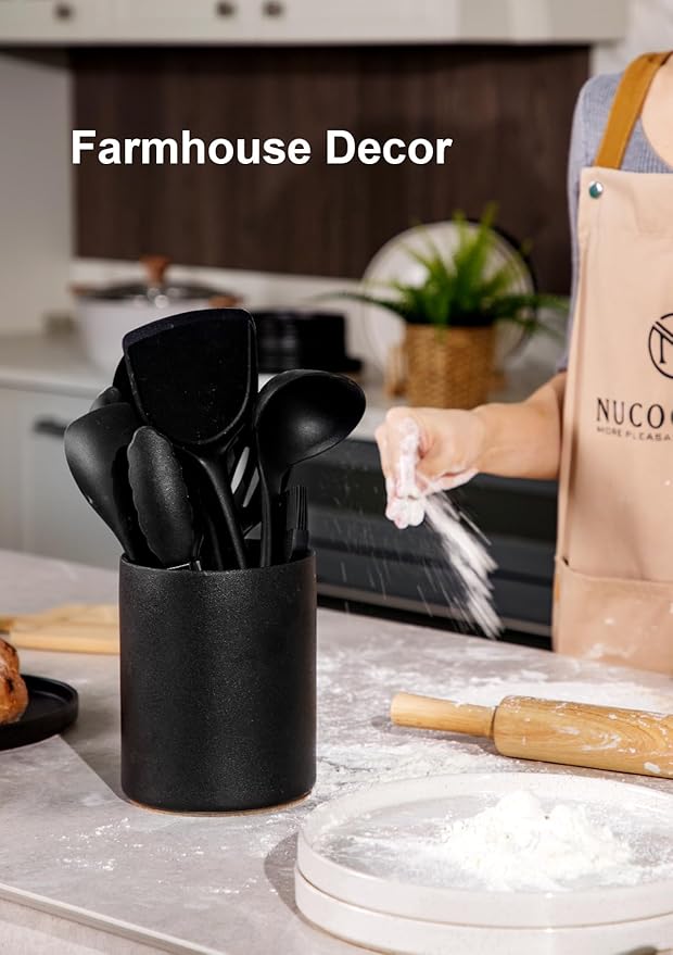 Nucookery Utensil Holder, 6.4" Ceramic Kitchen Utensil Holder with Countertop-Protection Cork Bottom, Farmhouse Kitchen Decor for Counter, Christmas Gift (Stone Black) - Image 6