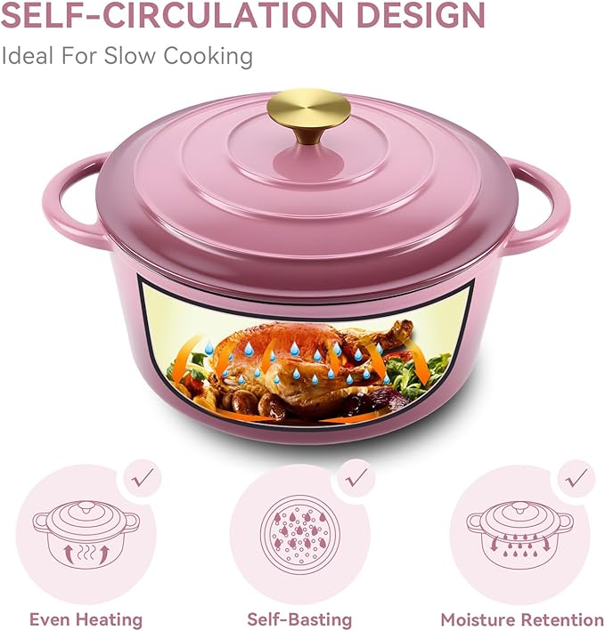 Miereirl 4.5 Quart Enameled Dutch Oven Pot with Lid, Cast Iron Dutch Oven with Dual Handles for Bread Baking, Cooking, Non-stick Enamel Coated Cookware, Rose - Image 7