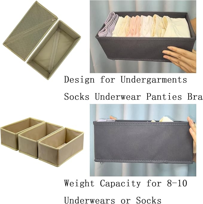 Bructhun Sock Drawer Organizer 3 Pack - Collapsible Fabric Storage Bins for Underwear Divider, Small Closet Organizers with 3 Compartments, Khaki - Image 8