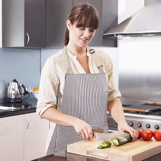 NLUS 2 Pack Kitchen Cooking Aprons, Adjustable Bib Soft Chef Apron with 2 Pockets for Men Women (Brown/Dark Black Strips) - Image 7