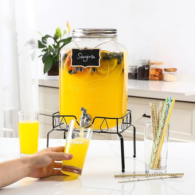 2 Gallon Glass Beverage Dispenser with Stand and Lid, 18/8 Stainless Steel Spigot - Glass Drink Dispensers for Parties - Mason Jar Drink Dispensers with Lids - Image 7