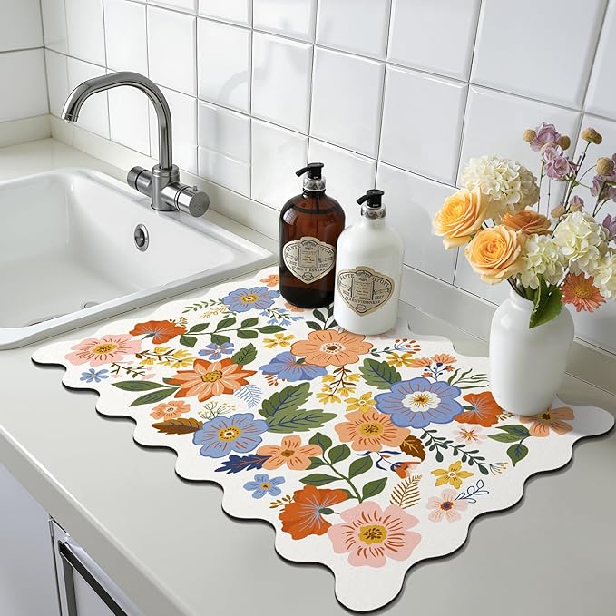 LOKHOM Scalloped Floral Dish Drying Mat, 12"x20" Super Absorbent Coffee Mat with Unique Spring Wildflowers, Cuttable Hide Stain Non-slip Drying Mat for Kitchen Counter Coffee Maker Espresso Machine - Image 9