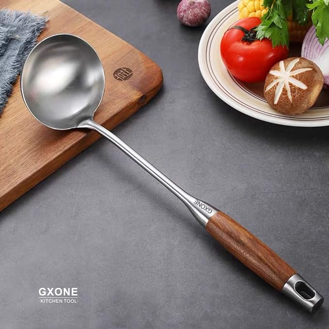 Soup Ladle,304 Stainless Steel Cooking Ladle Spoon Wok Tools with Long Wooden Handle Heat Resistant,Silver/14.6Inch - Image 5