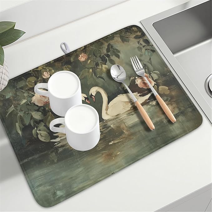 Swans Dish Drying Mat 24x18 Inch, White Swan Drying Mat with Absorbent Reversible Microfiber, Wildlife Aesthetic Dish Drainer Mats Summer Rack Pad for Coffee Countertop Kitchen Protector
