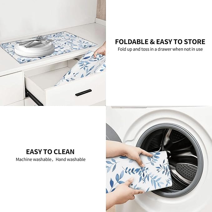Blue Flower Dish Drying Mat For Kitchen Counter Absorbent Large Kitchen Fast Dry Pad Reusable Washable Protector Rack Large Mat 18 X 24