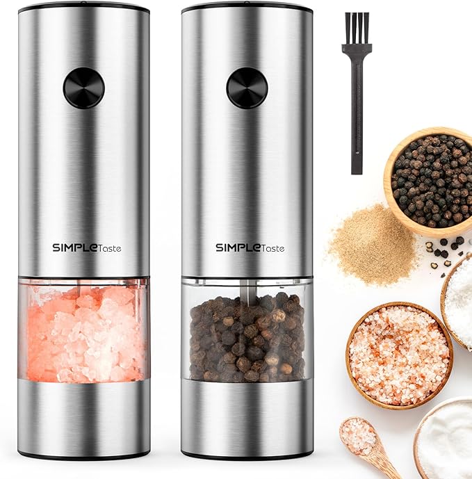 SIMPLETASTE Electric Salt and Pepper Grinder Set with LED Light, Automatic Pepper Mill Shakers with Adjustable Coarseness, One Hand Operation for Kitchen, Dining, Gifting, Silver, Battery Operated - Image 8