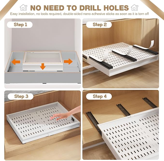 Seinloes 2 Pack Pull Out Cabinet Organizer With Raising Pad for Framed Cabinets,Expandable Width (15"-25") and Depth (17"-24"),3 Slide Rails Slide Out Drawers with Handle,No-Drill Roll Out Shelf,White - Image 8