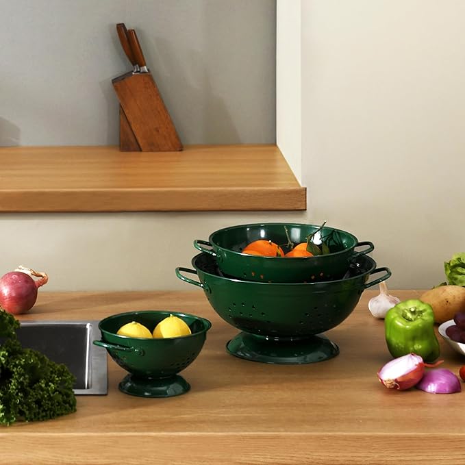 Metal Colander Set of 3, Strainer Basket with Handles perfect for Spaghetti, Pasta, Berry, Vegetable, Fruit, Solid Base Powder Coated Kitchen Essential Strainer Set, 1 & 3.5 & 5 Qt (Dark Green) - Image 7