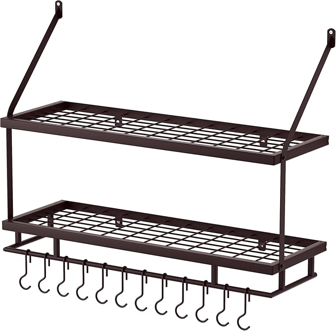 KES 30-Inch Oiled Bronze Pot Rack Wall Mounted, 2-Tier Hanging Pot and Pan Organizer with 12 Sturdy Hooks, Kitchen Wall Hanger Shelves Farmhouse Style, KUR215S75B-OB - Image 9