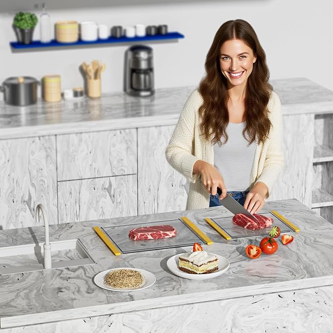 Tempered Glass Cutting Board Set for Kitchen Counter - Dishwasher Safe with Juice Grooves, Non-Slip Silicone Edges & Beveled Grip - 16"x12" & 12"x8" Serving Tray (Yellow)