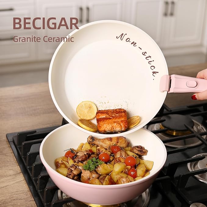 BECIGAR 23pcs Ceramic Pots and Pans Set, Nonstick Detachable Handle Cookware, Induction Kitchen Cooking Set with Removable Handle,include Frying Pans & Saucepans Oven Safe(Pink) - Image 8