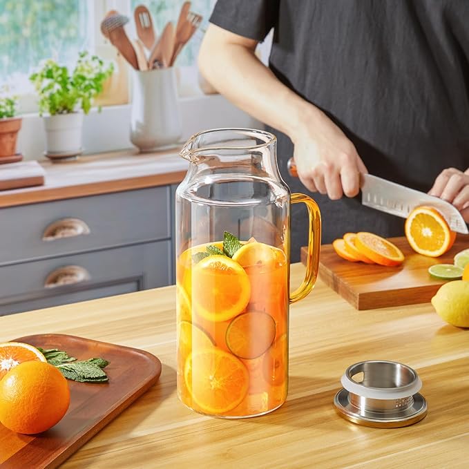 2 Liter 68 oz Glass Pitcher with Lid and Handle, Glass Carafe for Fridge, Water Pitcher for Hot/Cold Water, Large Jug for Iced Tea, Coffee, Juice and Homemade Beverage