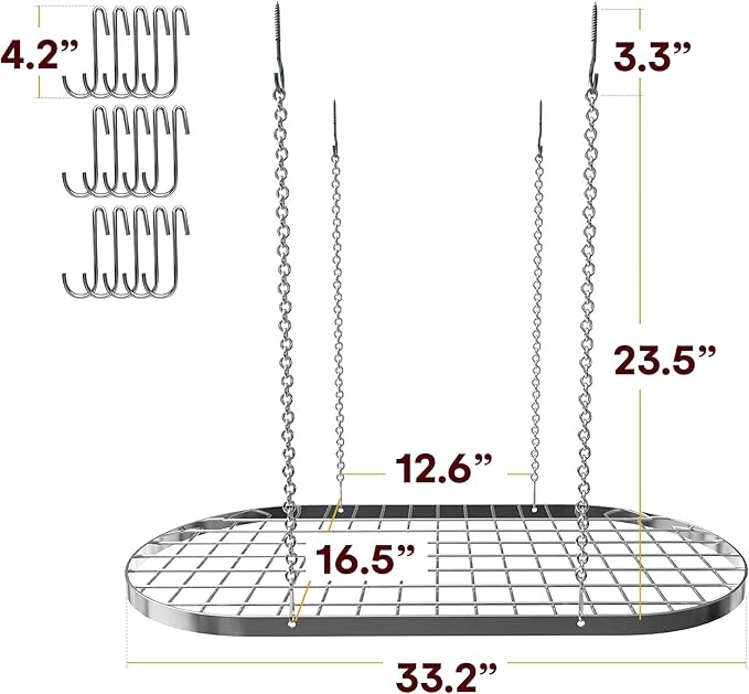 Vdomus Hanging Pot Rack - Ceiling Mount Kitchen Organizer for Pots and Pans with 15 Hooks - 33 x 17 Inches Heavy-Duty, Durable and Space-Saving Pan Holder - Silver - Image 6