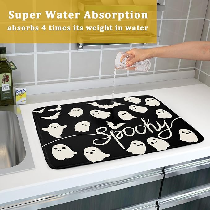 Halloween Dish Drying Mat for Kitchen Counter 18x24 Cute Ghost Black Spooky Holiday Scary Theme Absorbent Reversible Microfiber Drying Mats Kitchen Countertop Protector Dishes Drainer Pad - Image 7