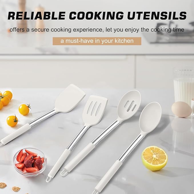 TeamFar Kitchen Utensils, 4 PCS Silicone Cooking Utensils with Stainless Steel Handle, for Nonstick Cookware Frying/Flipping/Draining, Non-toxic & Heat-proof, Non-scratch & Dishwasher Safe - Image 7