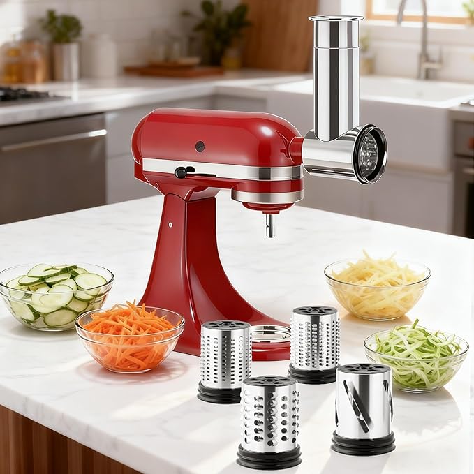 KITOART Stainless Steel Slicer Shredder & Cheese Grater Attachment for Kitchenaid Stand Mixer - Included Salad Maker, Grinding Powder, Dishwasher Safe with 4 Blades