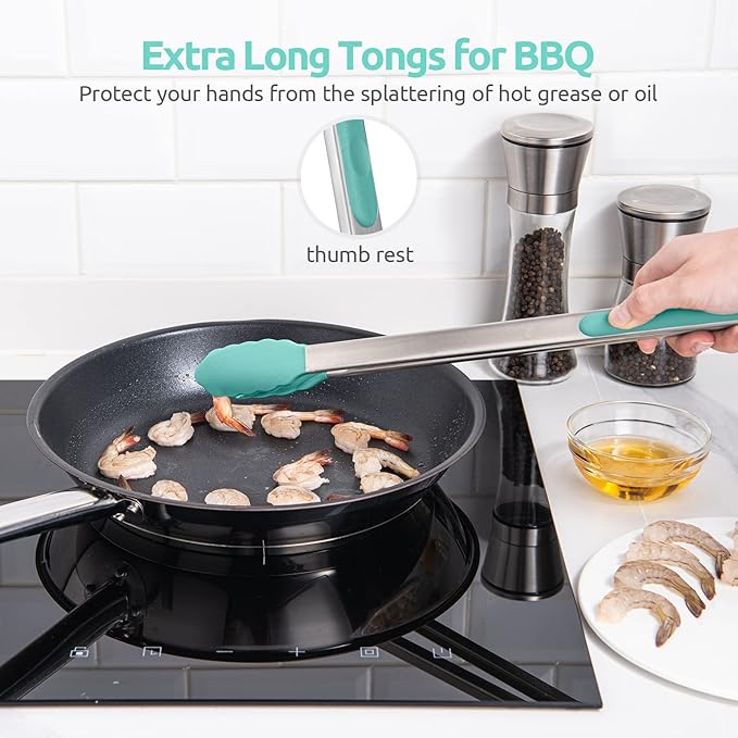 600ºF Heat Resistant Kitchen Tongs: U-Taste 16 in Extra Long Large Silicone Cooking Tong with Sturdy Non Stick Rubber Tips & Non Slip Silicon Coated 18/8 Stainless Steel Handle for Grill BBQ(Aqua Sky) - Image 9